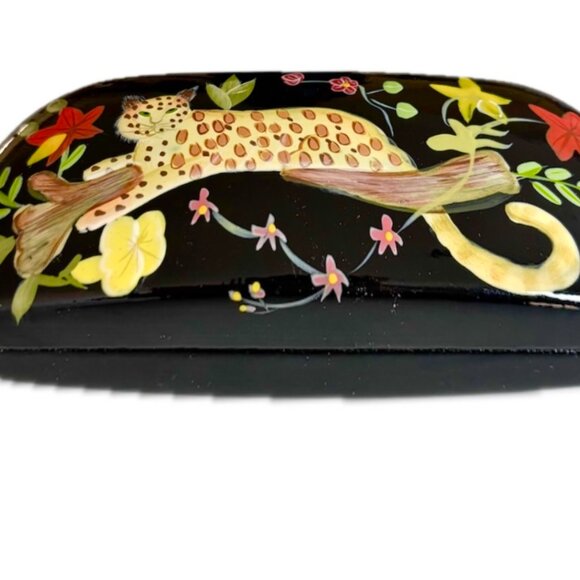 A.J. Morgan Hand Painted Eyeglass Case Leather Clamshell Leopard Tropical Design - Picture 4 of 7